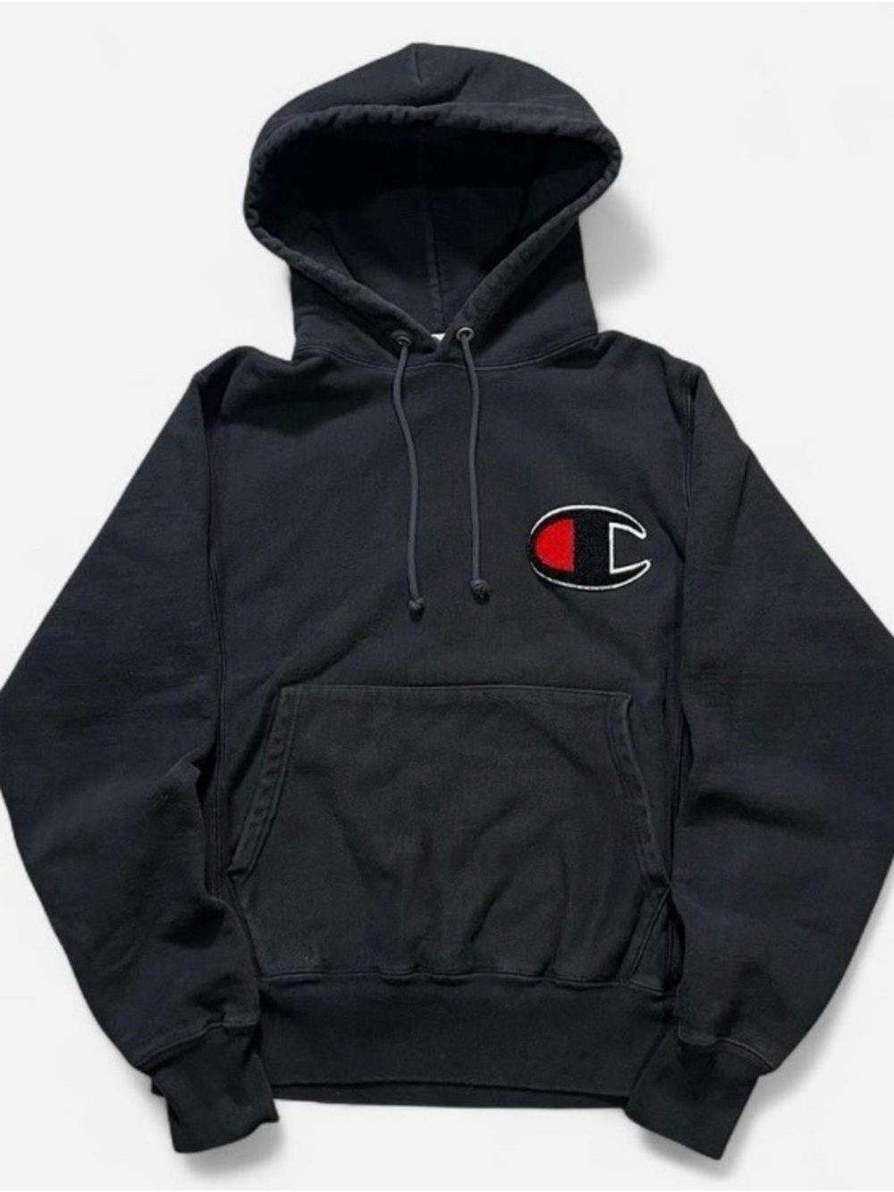 Reverse Weave Champion Black Hoodie with Blue Tag Printing